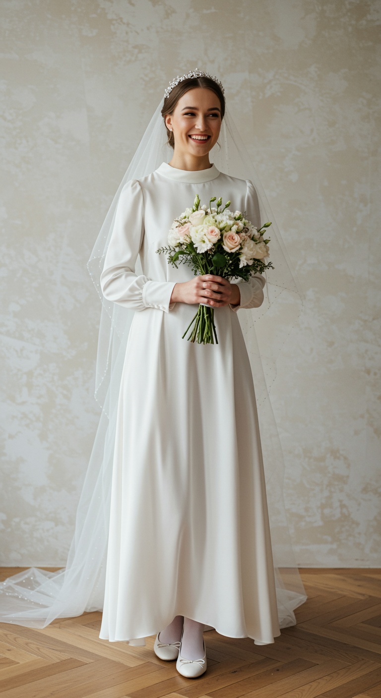 Happy,Young,Bride,Wearing,A,Loose,And,Flowy,Floor,Length